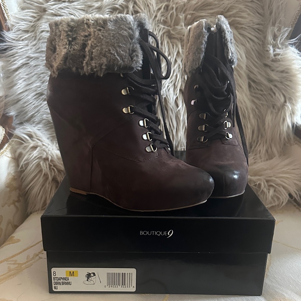 Boutique 9 Dark Brown Wedge Boots with Faux Fur Trim